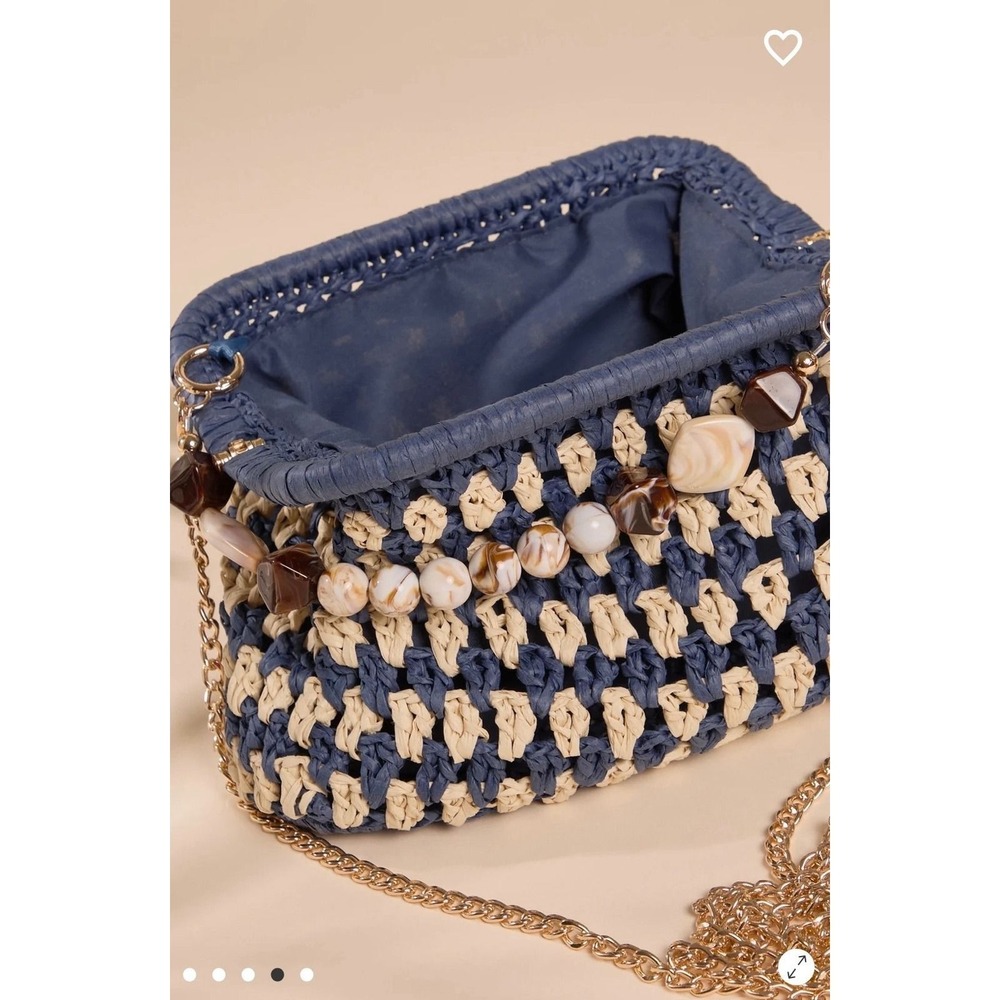 Altar'd State Woven Straw Clutch Navy Blue Cream Beaded Resin Handle Handbag - Picture 4 of 9